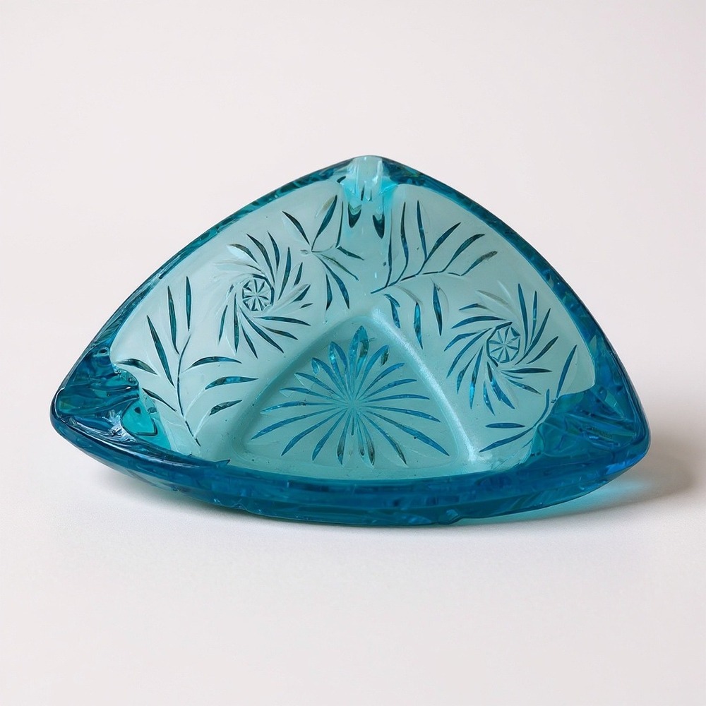 Vintage Blue Glass Triangle Ashtray Etched Floral Design Home Decor